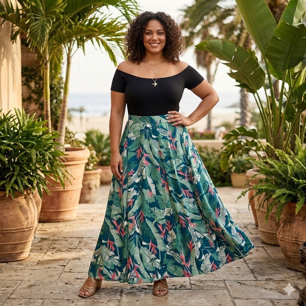 Lands End Womens‎ 1X Maxi Skirt Tropical Floral Pima Cotton Blend Blue Green 16W
